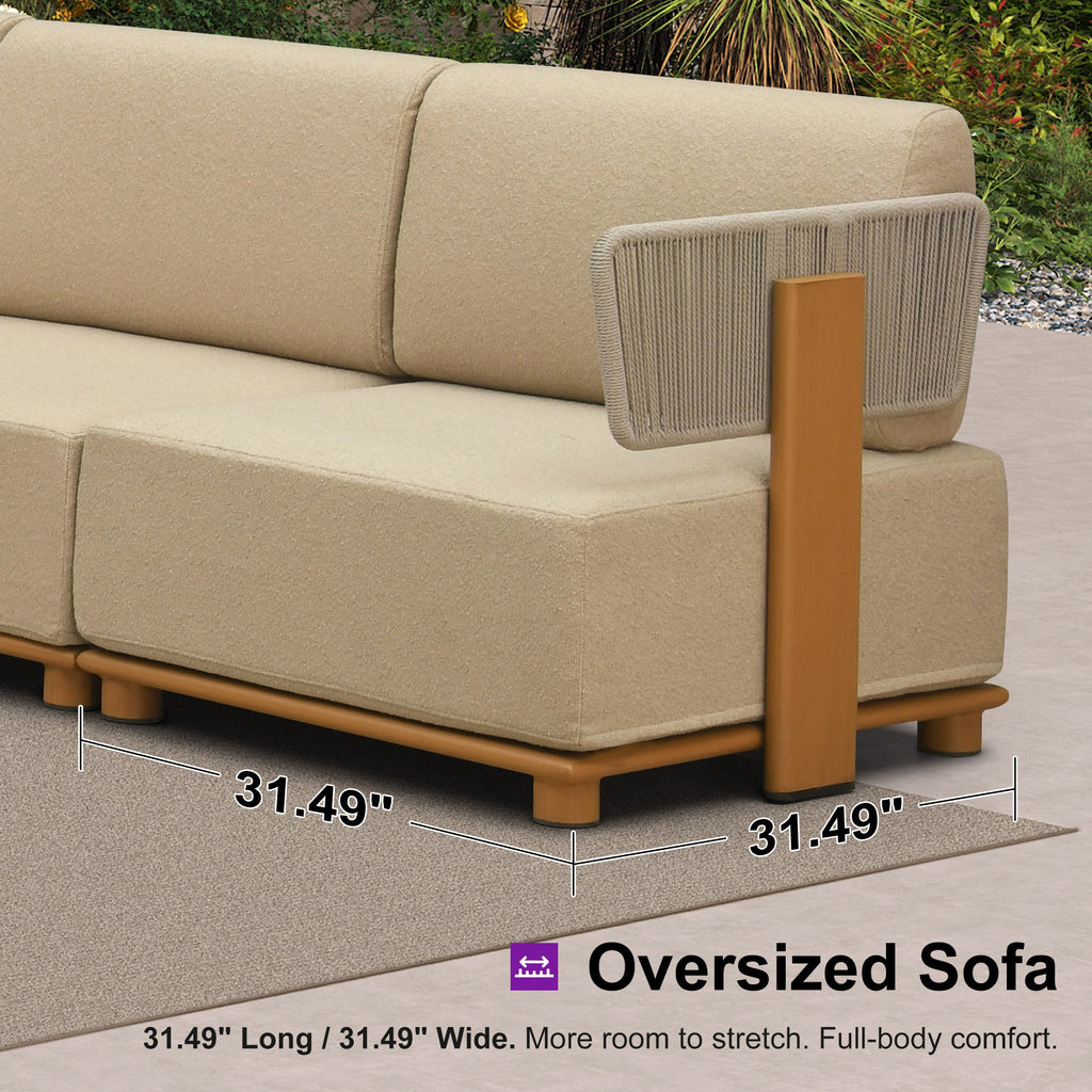 PURPLE LEAF Breck L-Shaped with table Modular Outdoor Sectional with Wood-Grain Aluminum Frame and Thick Teak-Colored Cushions for Luxury Backyard Lounge