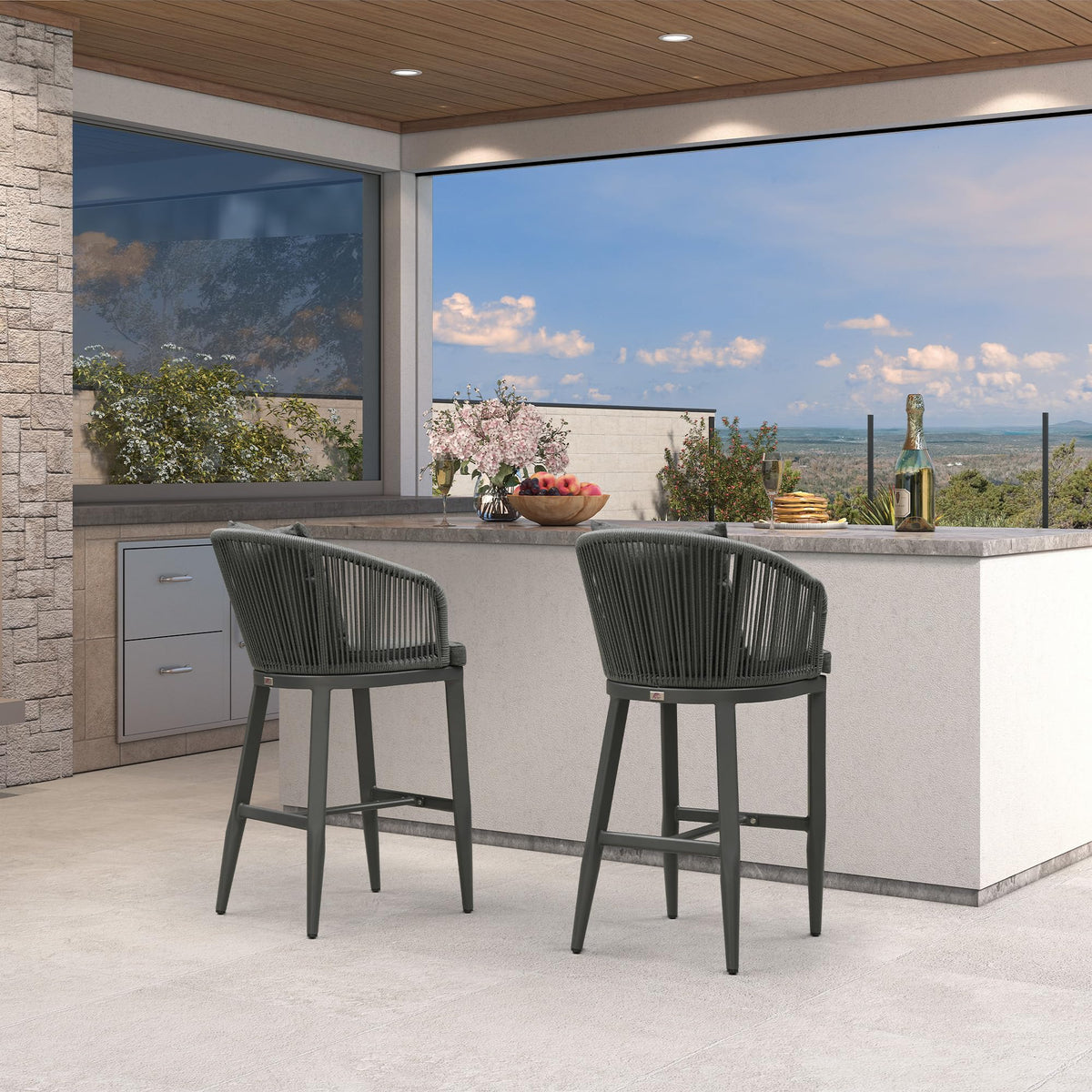 PURPLE LEAF Outdoor Bar Stools Patio Modern Aluminum Rattan High Back & Arms Bar Chairs with Removable Cushions and Pillows  for Outdoor or Indoor