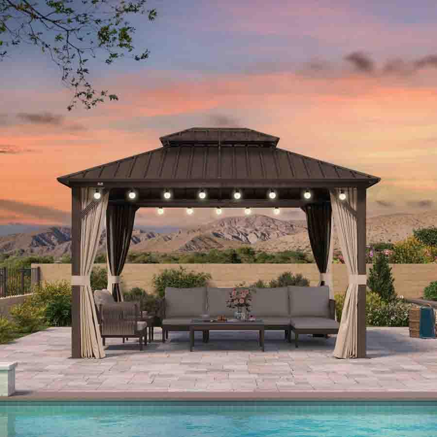 PURPLE LEAF Hardtop Gazebo Featuring Galvanized Steel Double Roof and Bronze Aluminum Frame with Curtains and Netting for Poolside with Lights-clear