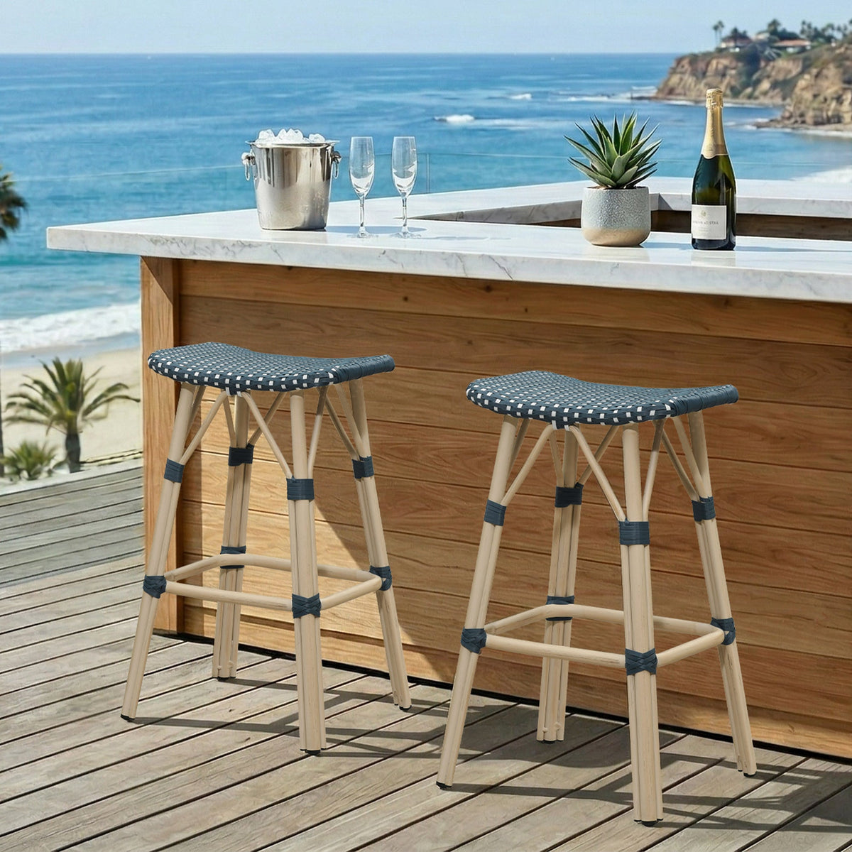 PURPLE LEAF Outdoor Bar Stools Set of 2 Backless Rattan Barstools with Saddle Seat and Footrest All Weather Aluminum Bar Chairs for Patio Kitchen Island Pool Balcony