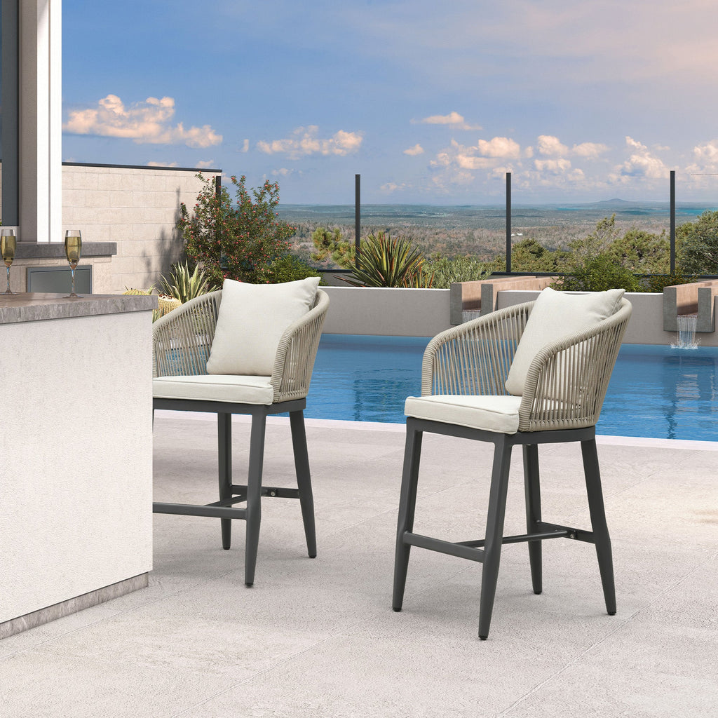 PURPLE LEAF Outdoor Bar Stools Patio Modern Aluminum Rattan High Back & Arms Bar Chairs with Removable Cushions and Pillows  for Outdoor or Indoor