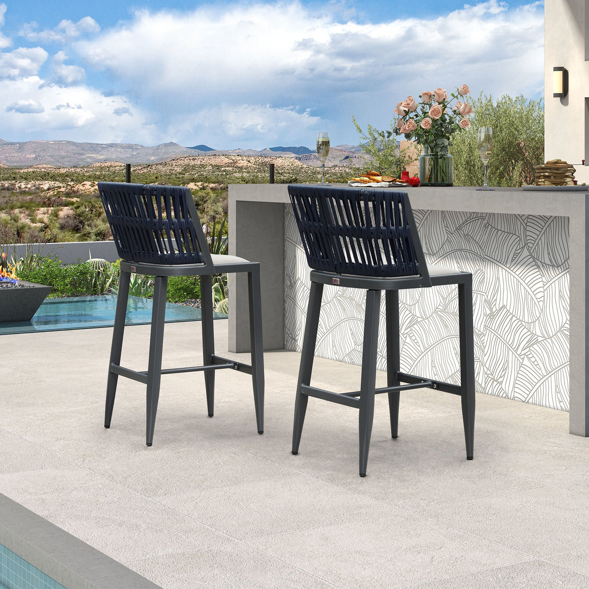PURPLE LEAF Outdoor Bar Stools Set of 2 for Overweight Wicker Rattan Patio Barstools Woven Modern Bar Chairs with Backrest and Cushions for Garden Outside