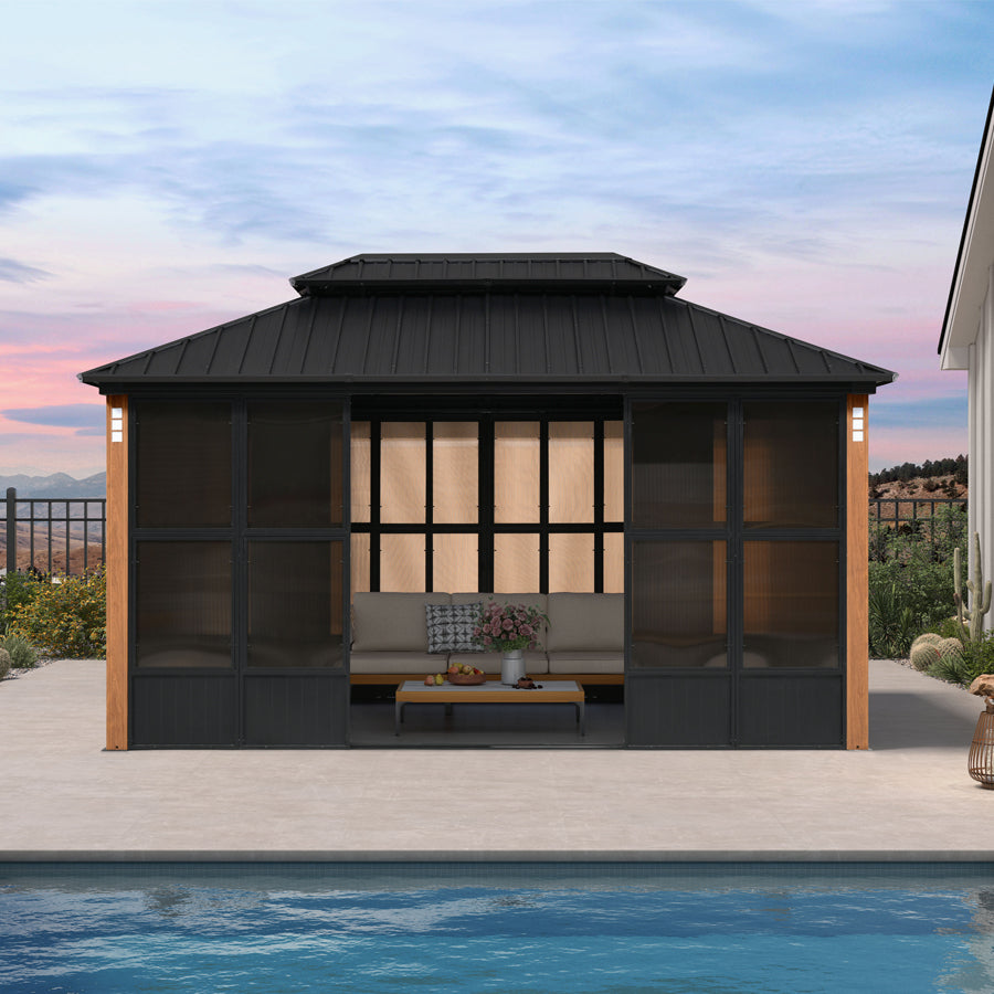 PURPLE LEAF Sunroom Hardtop Gazebo with Wood Grain Columns Black Frame Double Roof Galvanized Steel Solarium All-Weather Screen House with String Lights