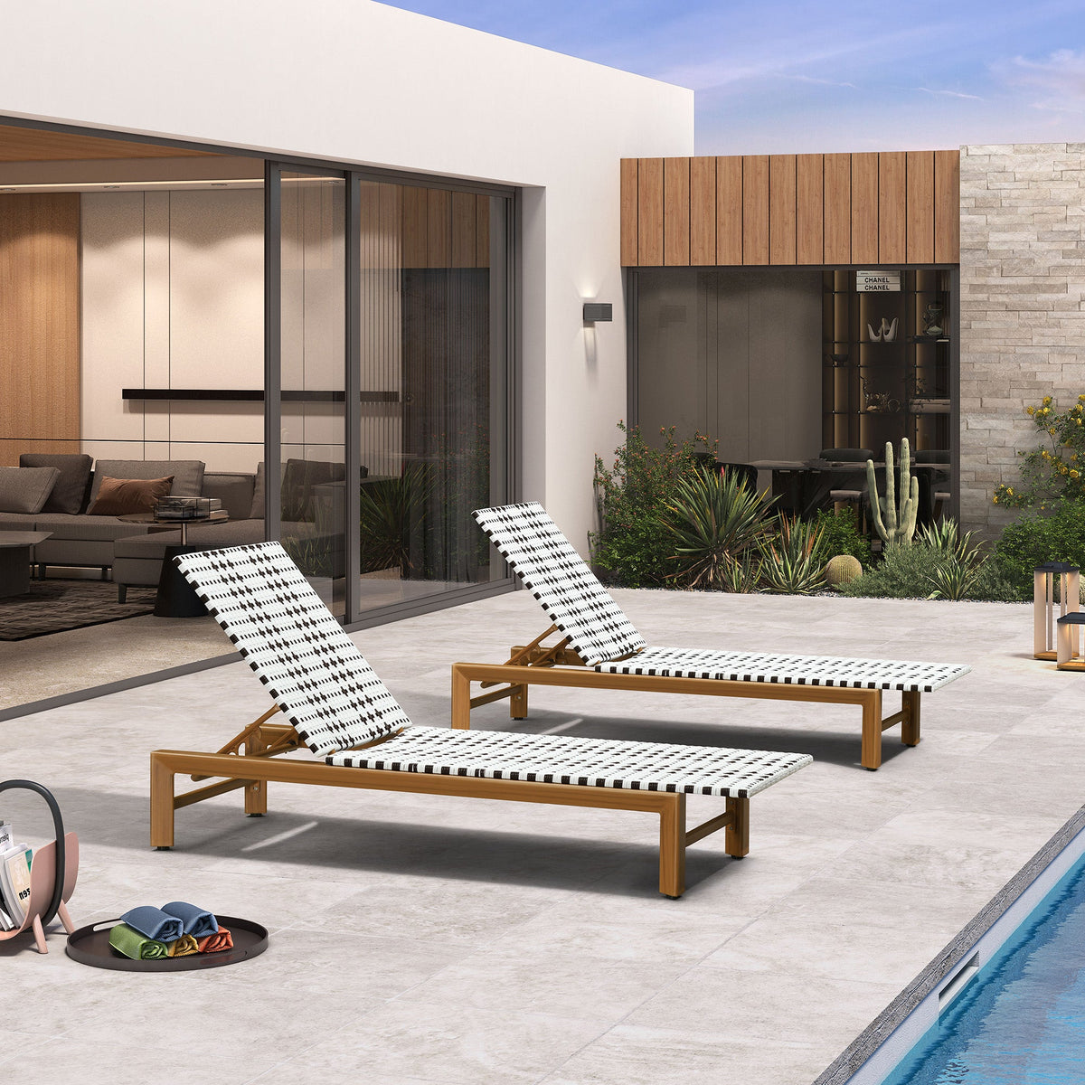 PURPLE LEAF Outdoor Teak Chaise Lounge Chair, Wood Grain Aluminum Outdoor Pool Lounge Chairs with Adjustable Backrest, Breathable Recliner for Patio, Poolside, Garden