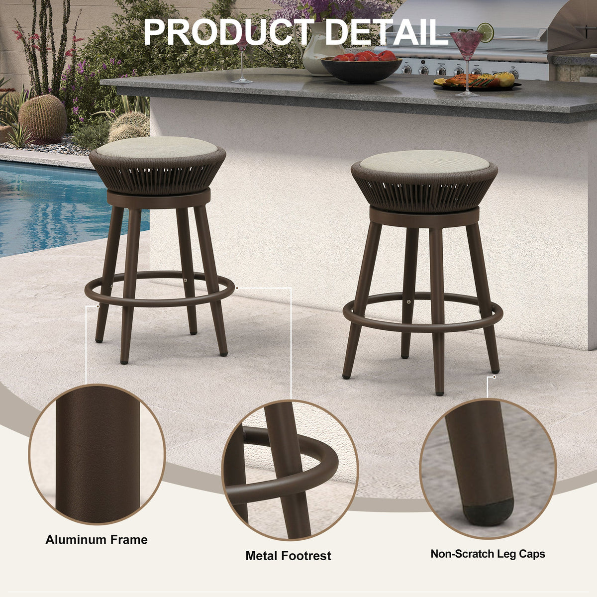 PURPLE LEAF Outdoor Swivel Bar Stools Set of 2 Metal Modern Rattan Bar Chairs with Backrest Aluminum Woven Barstools with Cushions