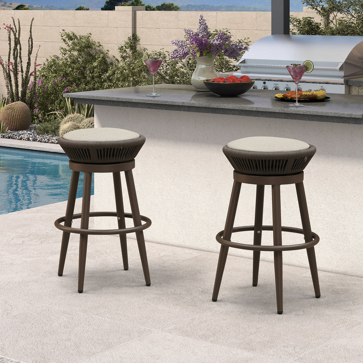 PURPLE LEAF Outdoor Swivel Bar Stools Set of 2 Metal Modern Rattan Bar Chairs with Backrest Aluminum Woven Barstools with Cushions