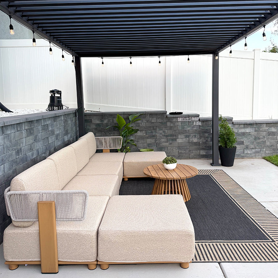 PURPLE LEAF Breck Enclosed Modular Outdoor Sectional with Wood-Grain Aluminum Frame and Thick Teak-Colored Cushions for Modern Outdoor Deck