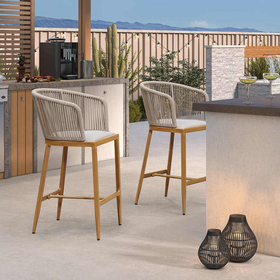 Clearance - PURPLE LEAF Outdoor Bar Stool Set of 2 Modern Rattan Bar Chairs with Woven Rope Back Wicker Patio Barstools for Indoor Kitchen Garden