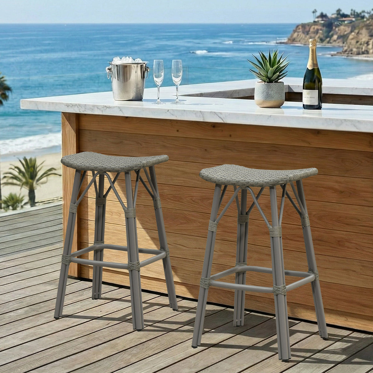 PURPLE LEAF Outdoor Bar Stools Set of 2 Backless Rattan Barstools with Saddle Seat and Footrest All Weather Aluminum Bar Chairs for Patio Kitchen Island Pool Balcony