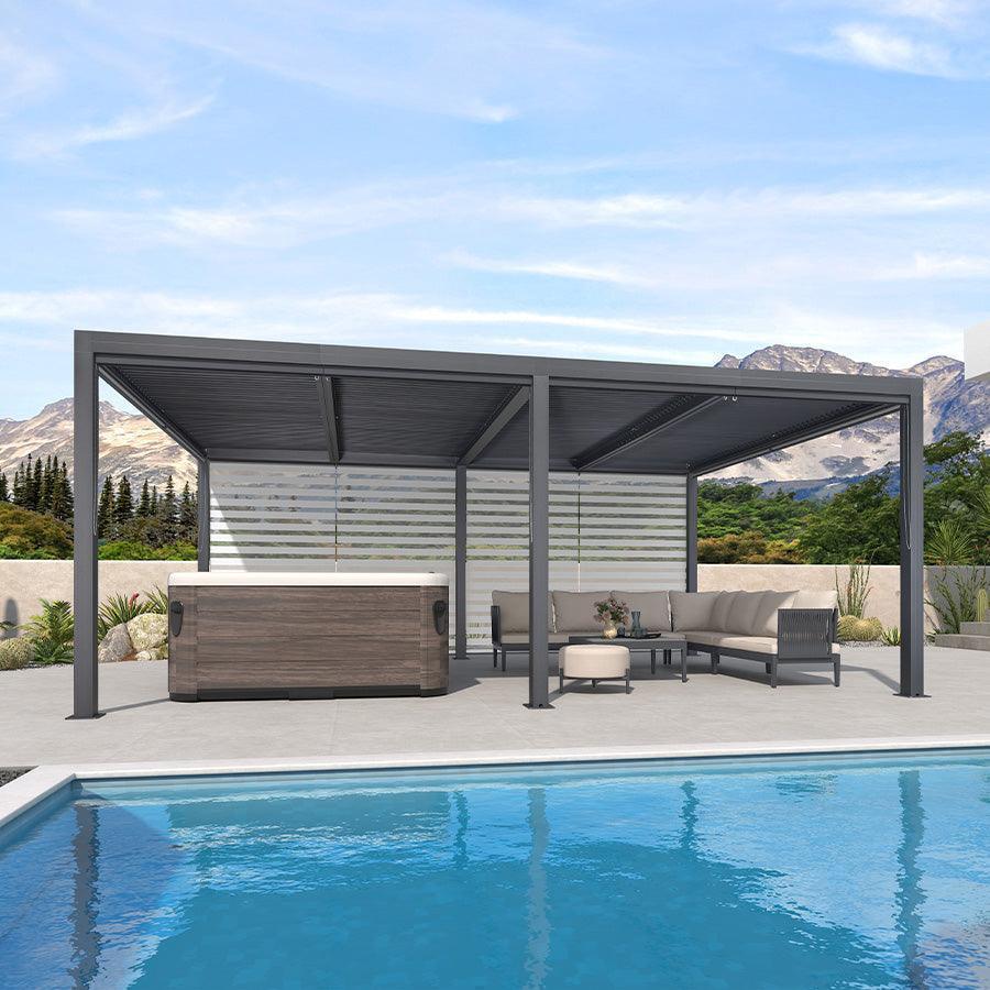 PURPLE LEAF Athena Louvered Pergola Grey Outdoor Aluminum Pergola with Roller Blind Adjustable Gazebo for Patio Deck Garden