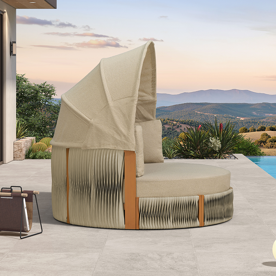 PURPLE LEAF Outdoor Round Daybed Chaise Lounge with Adjustable Canopy for Patio, Olefin fabric cover, thickened seat and back cushion, adjustable canopy, all weather aluminum frame, elegant wicker design