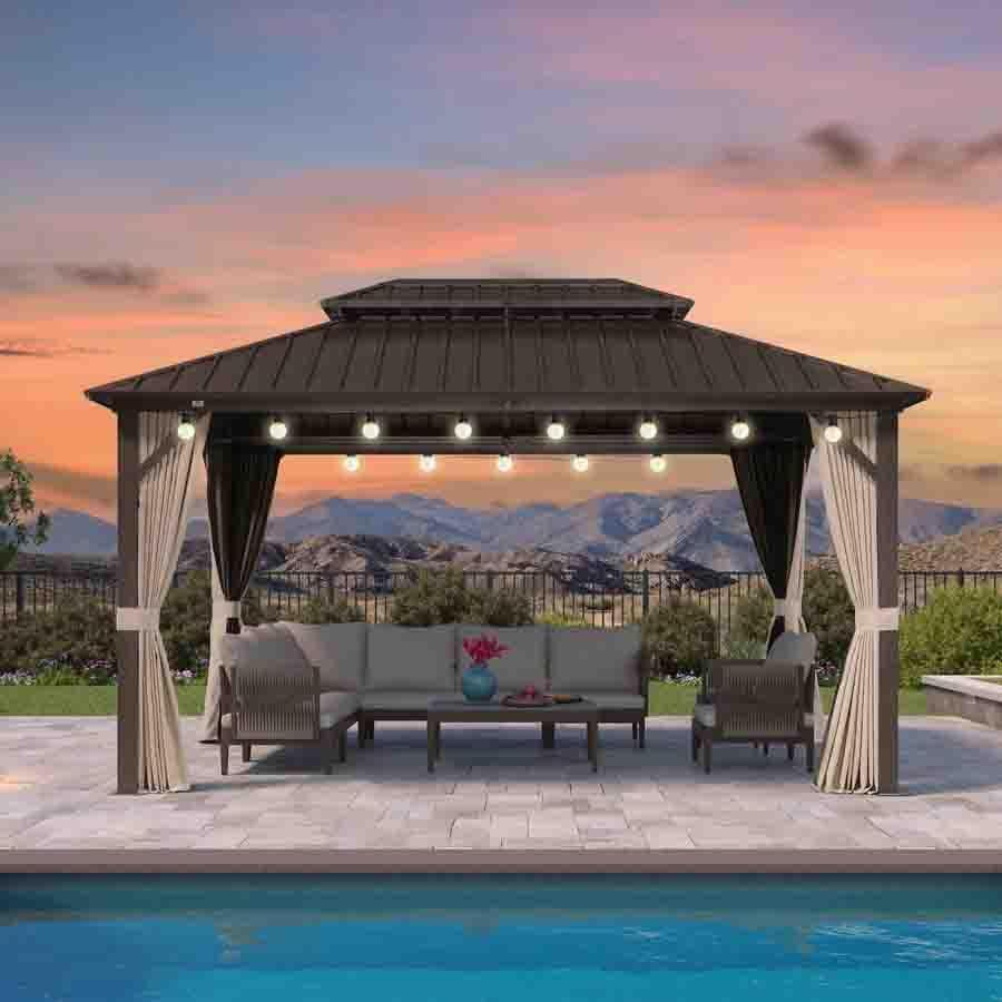 PURPLE LEAF Hardtop Gazebo Featuring Galvanized Steel Double Roof and Bronze Aluminum Frame with Curtains and Netting for Poolside with Lights-clear