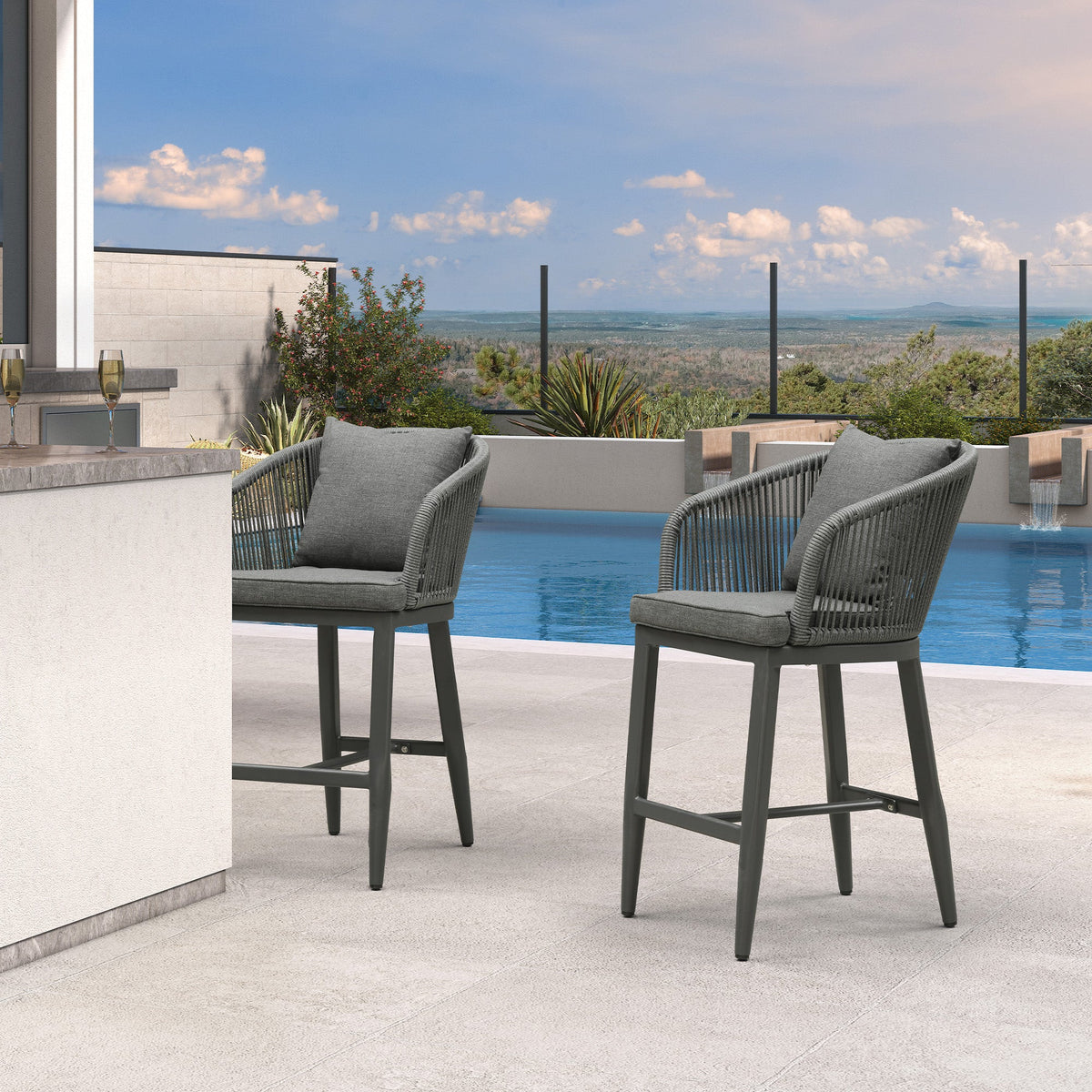PURPLE LEAF Outdoor Bar Stools Patio Modern Aluminum Rattan High Back & Arms Bar Chairs with Removable Cushions and Pillows  for Outdoor or Indoor