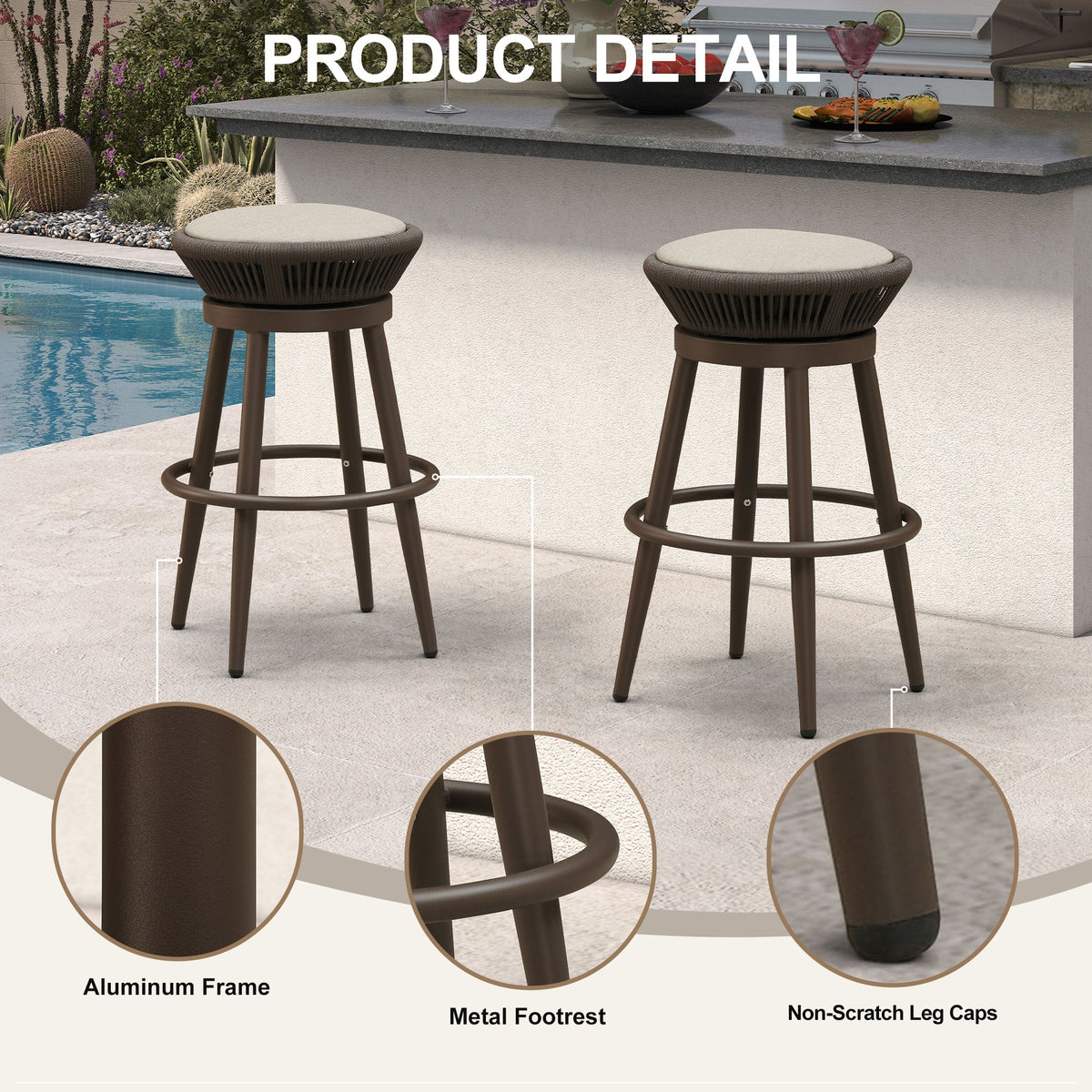 PURPLE LEAF Outdoor Swivel Bar Stools Set of 2 Metal Modern Rattan Bar Chairs with Backrest Aluminum Woven Barstools with Cushions