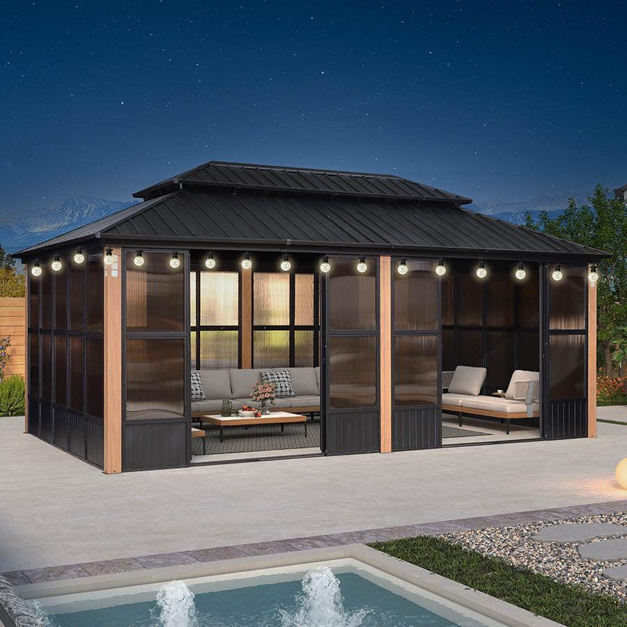 PURPLE LEAF Sunroom Hardtop Gazebo with Wood Grain Columns Black Frame Double Roof Galvanized Steel Solarium All-Weather Screen House with String Lights