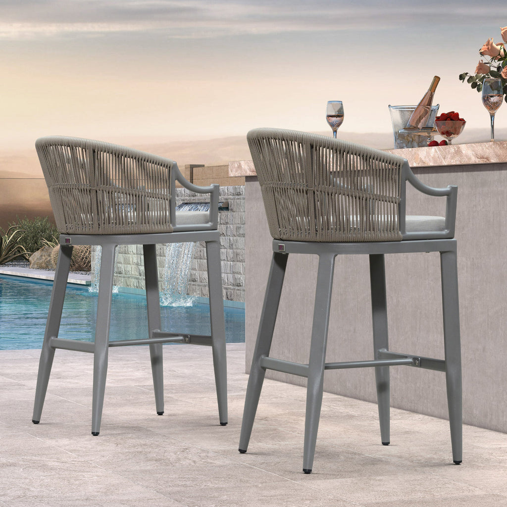 PURPLE LEAF Patio Bar Stools Set of 2 Outdoor Wicker Modern High Bar Chairs Metal Cushioned Barstools with Backs and Ergonomic Armrest