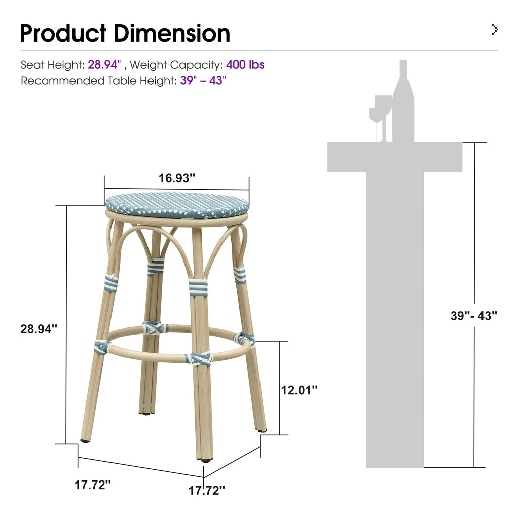 PURPLE LEAF Patio French Round Counter Stool Set of 2 Rattan Backless Stackable Barstools Aluminum Frame Footrest with Woven Wicker for Outdoor Kitchen Yard