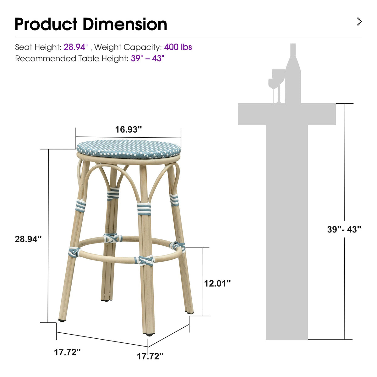 PURPLE LEAF Patio French Round Counter Stool Set of 2 Rattan Backless Stackable Barstools Aluminum Frame Footrest with Woven Wicker for Outdoor Kitchen Yard
