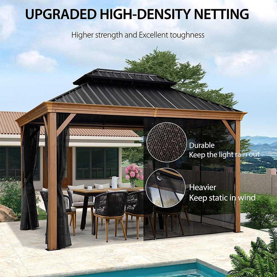 PURPLE LEAF Hardtop Gazebo for Patio Wood Grain Aluminum Frame Awning with Netting