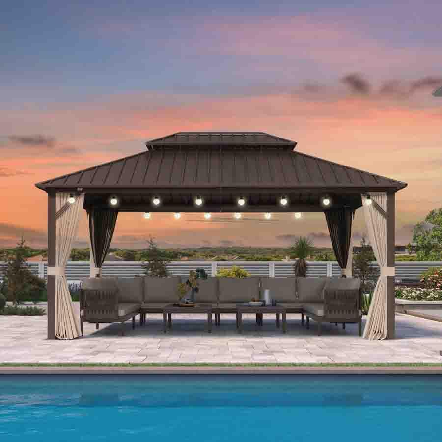 PURPLE LEAF Hardtop Gazebo Featuring Galvanized Steel Double Roof and Bronze Aluminum Frame with Curtains and Netting for Poolside with Lights-clear