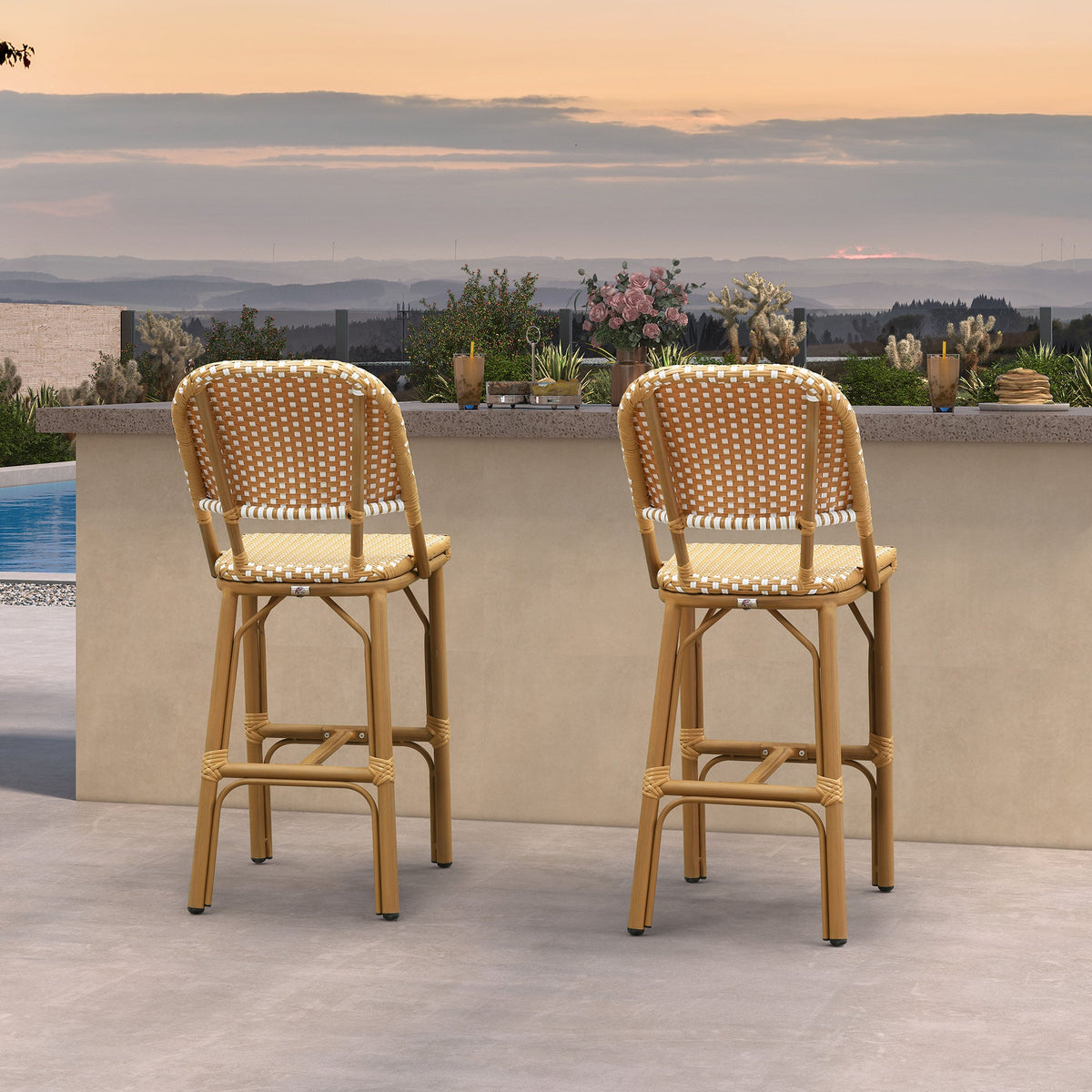 PURPLE LEAF Outdoor Bar Height Stools Set of 2 French Country Patio Rattan Bar Stool Chairs Outdoor Armless Barstools for Porch Garden Indoor Kitchen