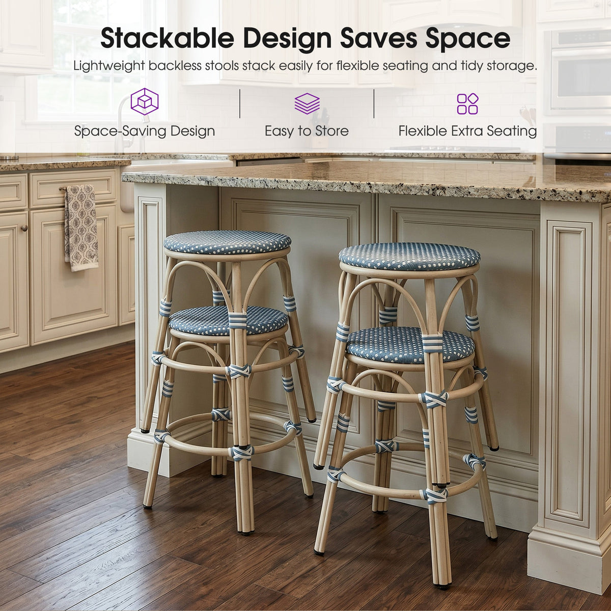 PURPLE LEAF Patio French Round Counter Stool Set of 2 Rattan Backless Stackable Barstools Aluminum Frame Footrest with Woven Wicker for Outdoor Kitchen Yard