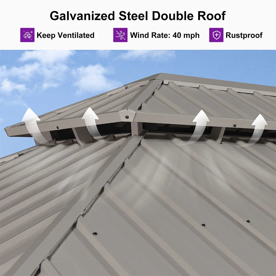 PURPLE LEAF Deck Gazebo Champagne Hardtop Metal Frame Double Roof with Curtains and Netting with Lights-clear