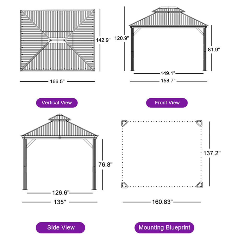 PURPLE LEAF Hardtop Gazebo for Patio Wood Grain Aluminum Frame Awning with Netting