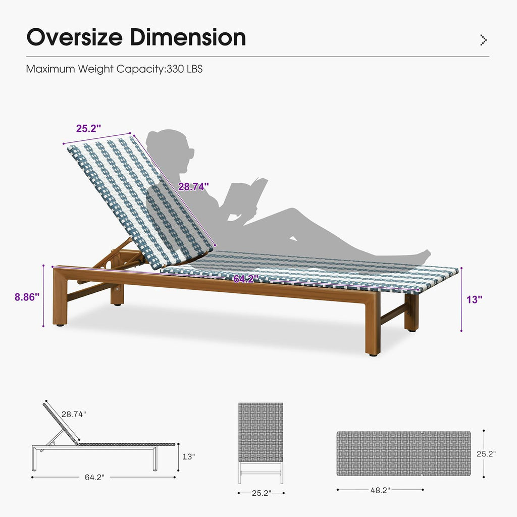 PURPLE LEAF Outdoor Teak Chaise Lounge Chair, Wood Grain Aluminum Outdoor Pool Lounge Chairs with Adjustable Backrest, Breathable Recliner for Patio, Poolside, Garden