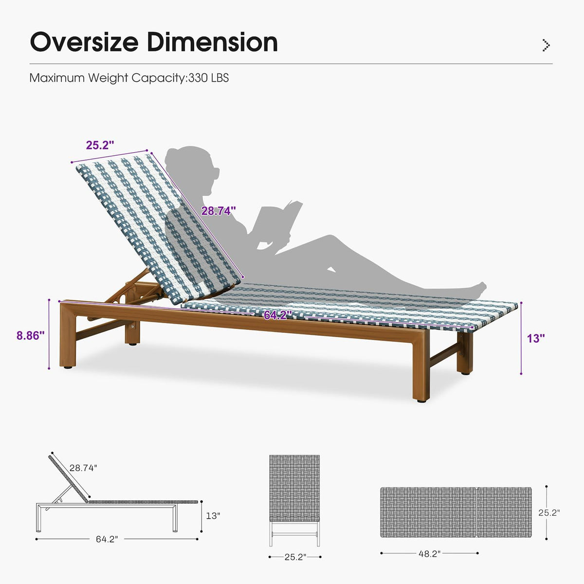 PURPLE LEAF Outdoor Teak Chaise Lounge Chair, Wood Grain Aluminum Outdoor Pool Lounge Chairs with Adjustable Backrest, Breathable Recliner for Patio, Poolside, Garden