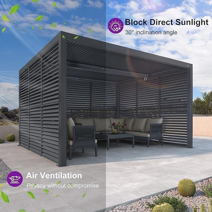 PURPLE LEAF Athena Louvered Pergola Grey Outdoor Aluminum Pergola with Shutter Wall Adjustable Gazebo Rainproof for Patio Deck Garden