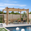 PURPLE LEAF Outdoor Retractable Pergola with Sun Shade Canopy In Natural Wood Grain Frame With Curtains