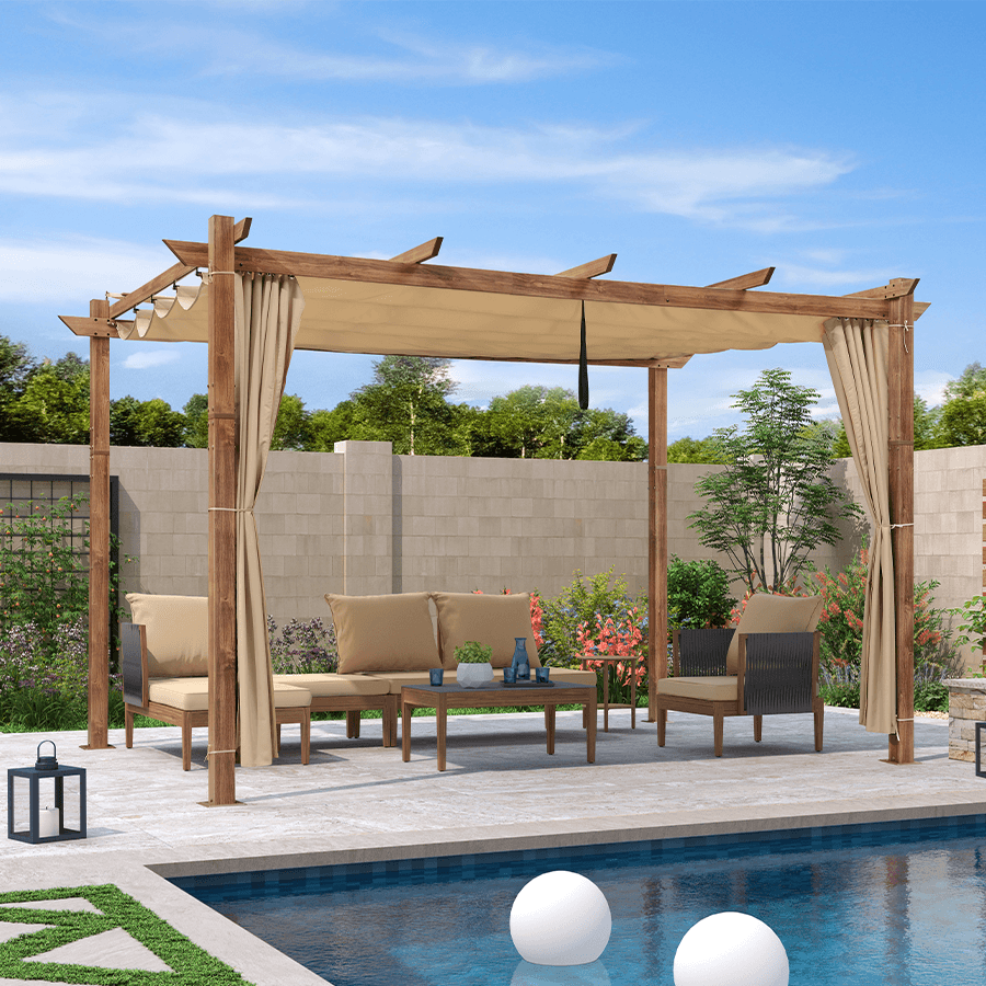 PURPLE LEAF Outdoor Retractable Pergola with Sun Shade Canopy In Natural Wood Grain Frame With Curtains