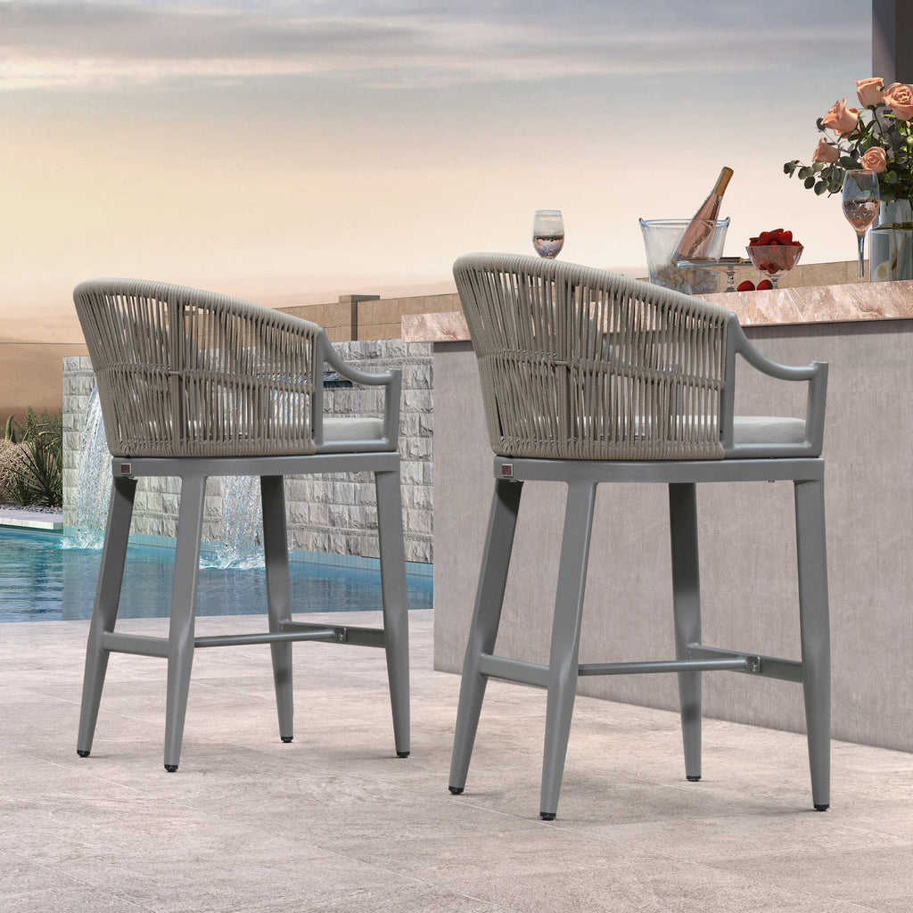 PURPLE LEAF Patio Bar Stools Set of 2 Outdoor Wicker Modern High Bar Chairs Metal Cushioned Barstools with Backs and Ergonomic Armrest