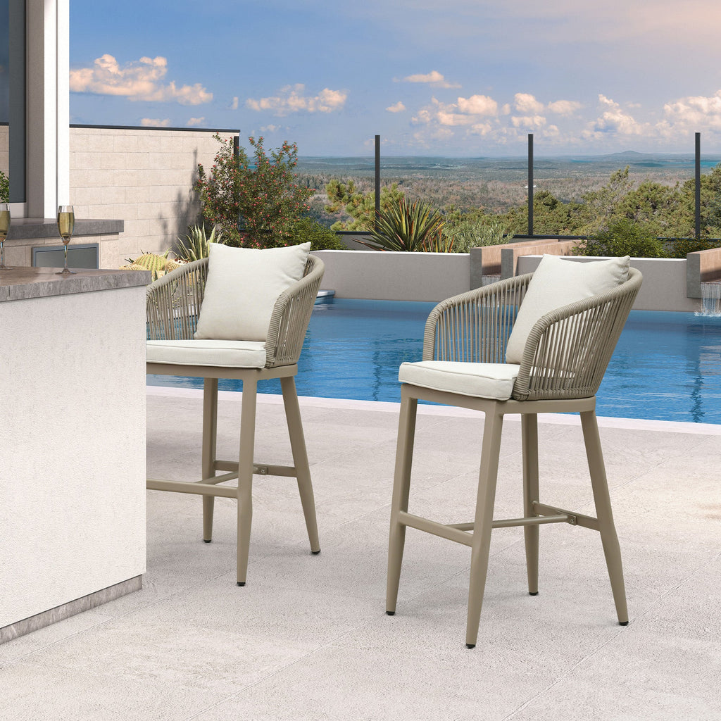 PURPLE LEAF Outdoor Bar Stools Patio Modern Aluminum Rattan High Back & Arms Bar Chairs with Removable Cushions and Pillows  for Outdoor or Indoor