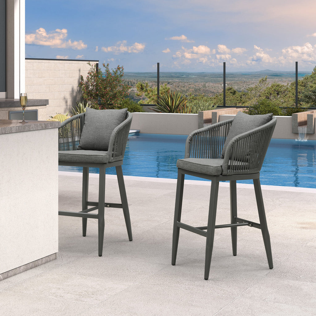PURPLE LEAF Outdoor Bar Stools Patio Modern Aluminum Rattan High Back & Arms Bar Chairs with Removable Cushions and Pillows  for Outdoor or Indoor