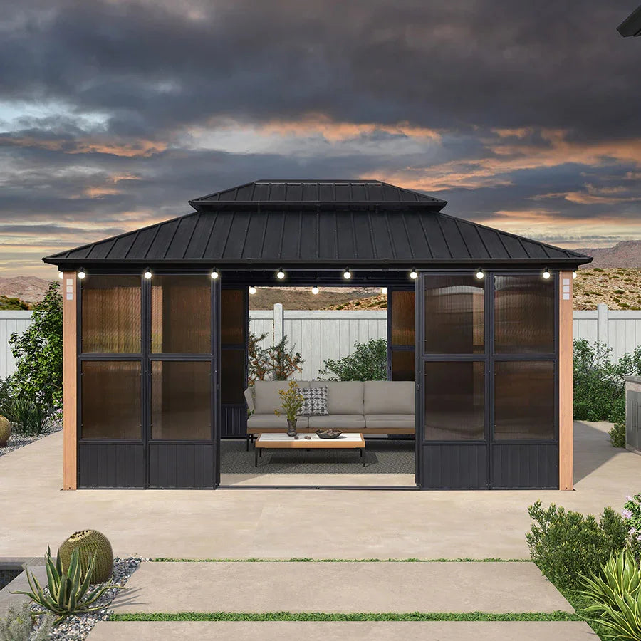 PURPLE LEAF Sunroom Hardtop Gazebo with Wood Grain Columns Black Frame Double Roof Galvanized Steel Solarium All-Weather Screen House with String Lights