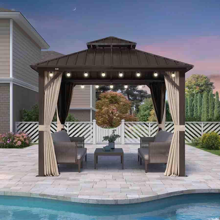 PURPLE LEAF Hardtop Gazebo Featuring Galvanized Steel Double Roof and Bronze Aluminum Frame with Curtains and Netting for Poolside with Lights-clear