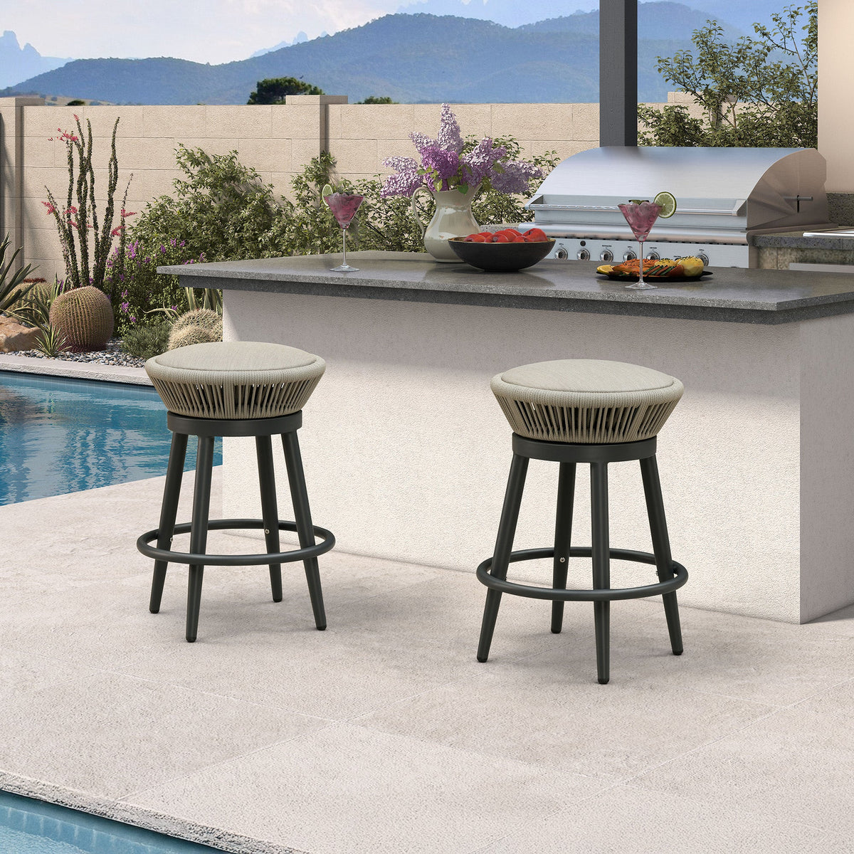 PURPLE LEAF Outdoor Swivel Bar Stools Set of 2 Metal Modern Rattan Bar Chairs with Backrest Aluminum Woven Barstools with Cushions