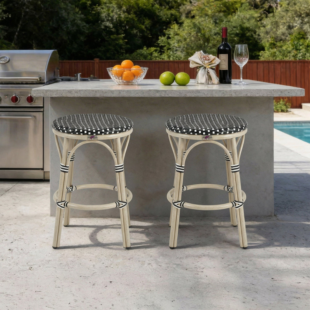 PURPLE LEAF Patio French Round Counter Stool Set of 2 Rattan Backless Stackable Barstools Aluminum Frame Footrest with Woven Wicker for Outdoor Kitchen Yard