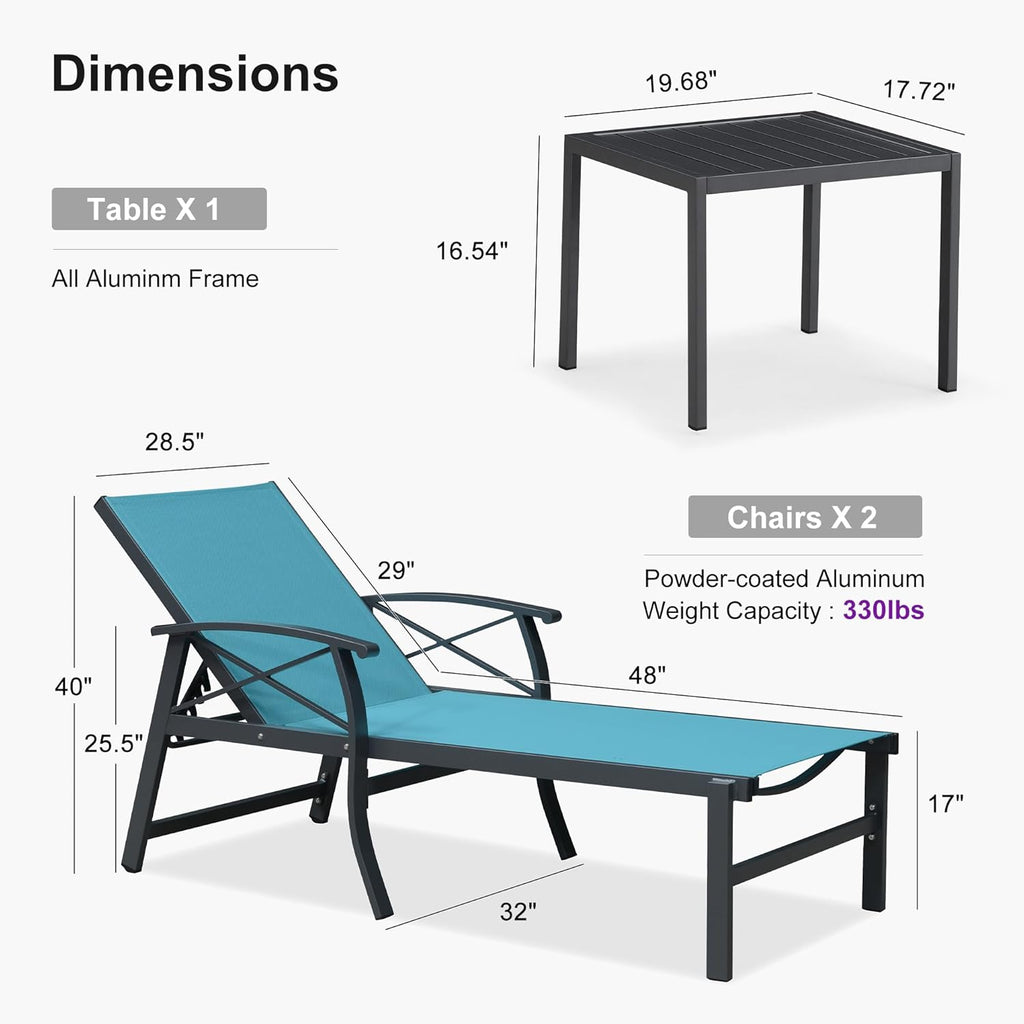 PURPLE LEAF Oversized Chaise Lounge Chair Outdoor Extra Wide Pool Lounge Chairs 5 Adjustable Position with Armrests and Side Table, Aluminum Patio Lounge Chair for Outside, Backyard, Pool