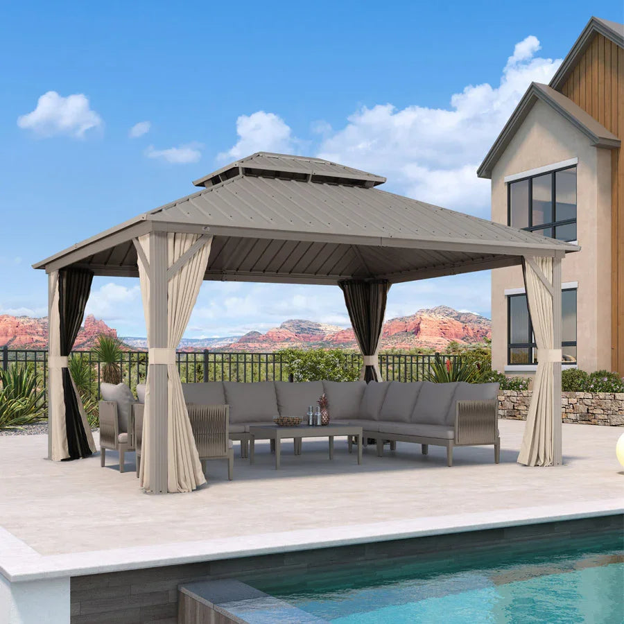 PURPLE LEAF Deck Gazebo Champagne Hardtop Metal Frame Double Roof with Curtains and Netting