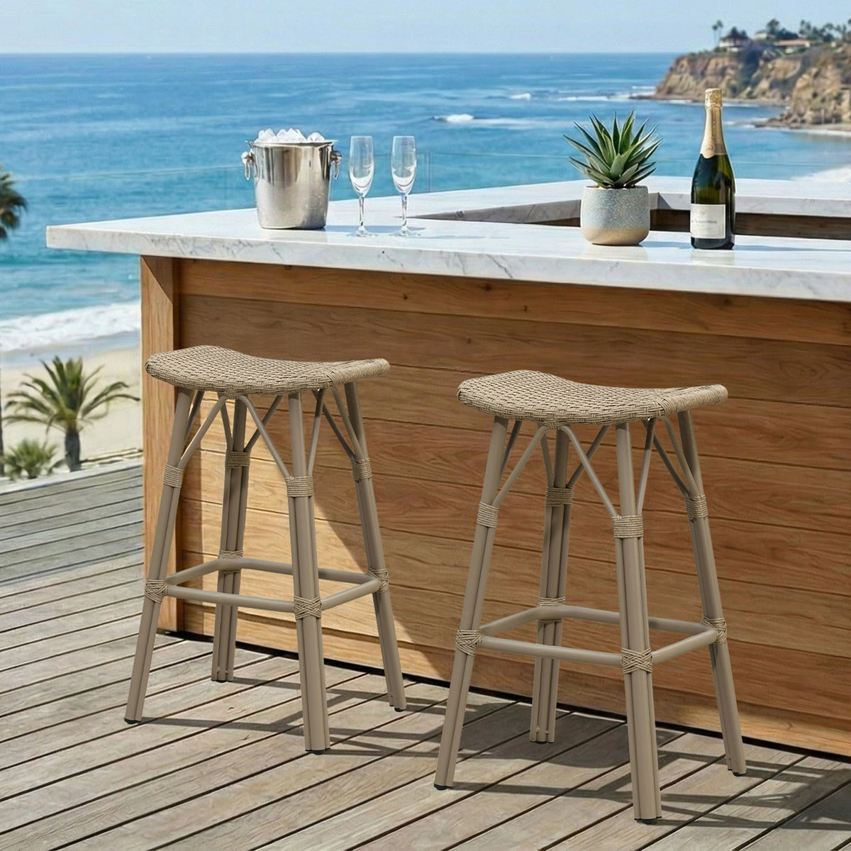 PURPLE LEAF Outdoor Bar Stools Set of 2 Backless Rattan Barstools with Saddle Seat and Footrest All Weather Aluminum Bar Chairs for Patio Kitchen Island Pool Balcony