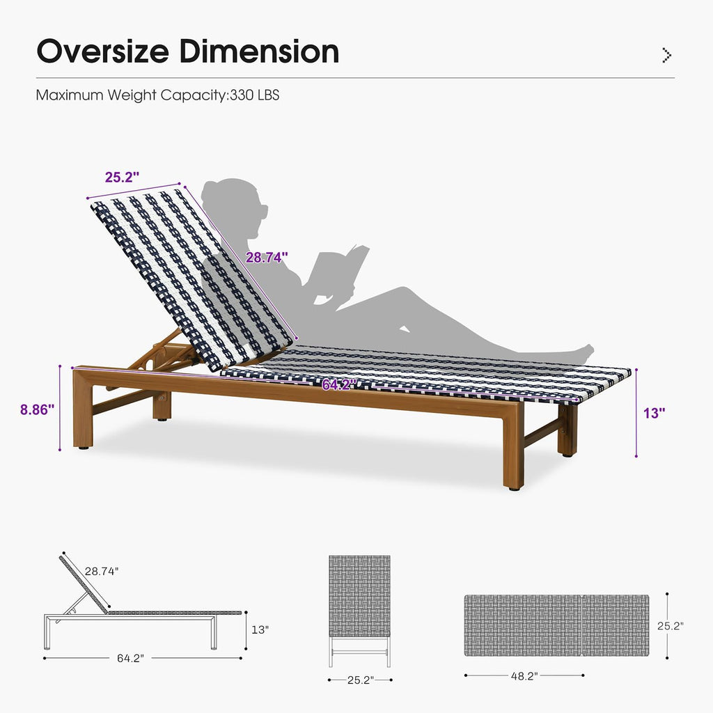 PURPLE LEAF Outdoor Teak Chaise Lounge Chair, Wood Grain Aluminum Outdoor Pool Lounge Chairs with Adjustable Backrest, Breathable Recliner for Patio, Poolside, Garden