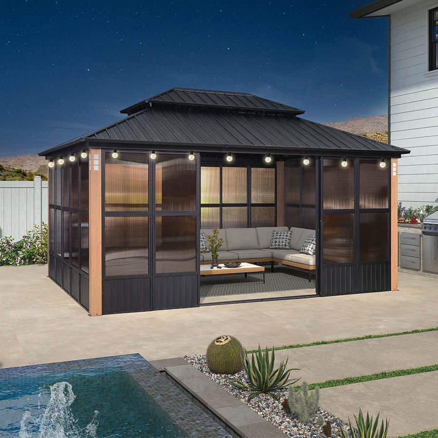 PURPLE LEAF Sunroom Hardtop Gazebo with Wood Grain Columns Black Frame Double Roof Galvanized Steel Solarium All-Weather Screen House with String Lights
