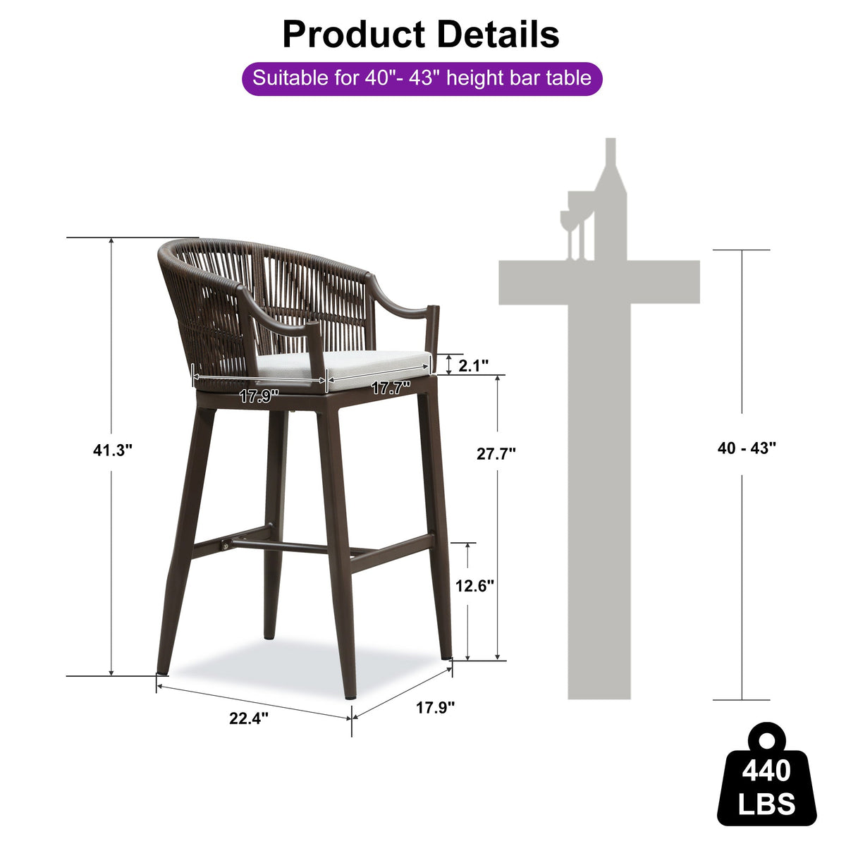 PURPLE LEAF Patio Bar Stools Set of 2 Outdoor Wicker Modern High Bar Chairs Metal Cushioned Barstools with Backs and Ergonomic Armrest