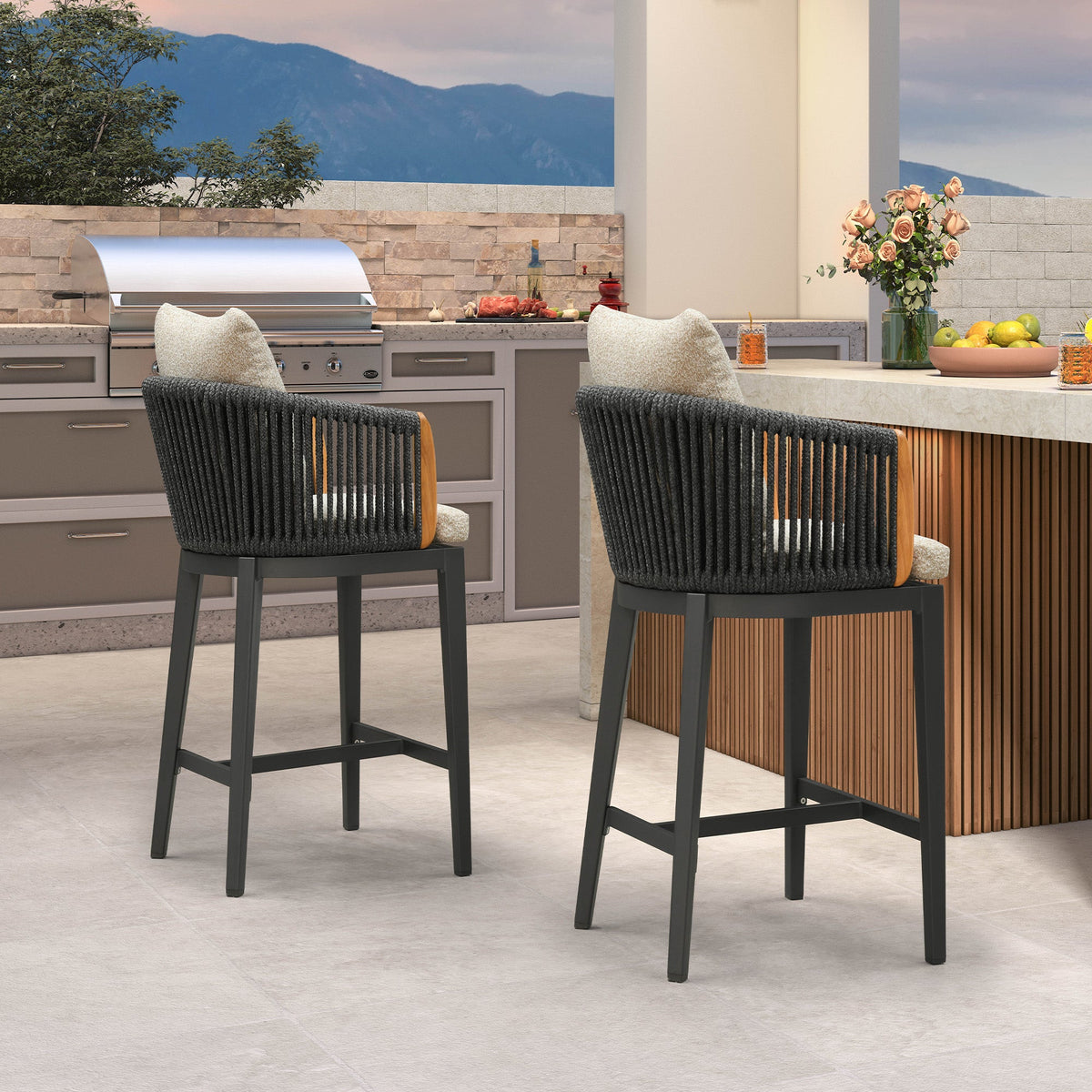 PURPLE LEAF Hailar Outdoor Bar Stools Chair Modern Rattan Bar Stool with Back and Cushion for Balcony, Indoor or Outdoor, Kitchen Island