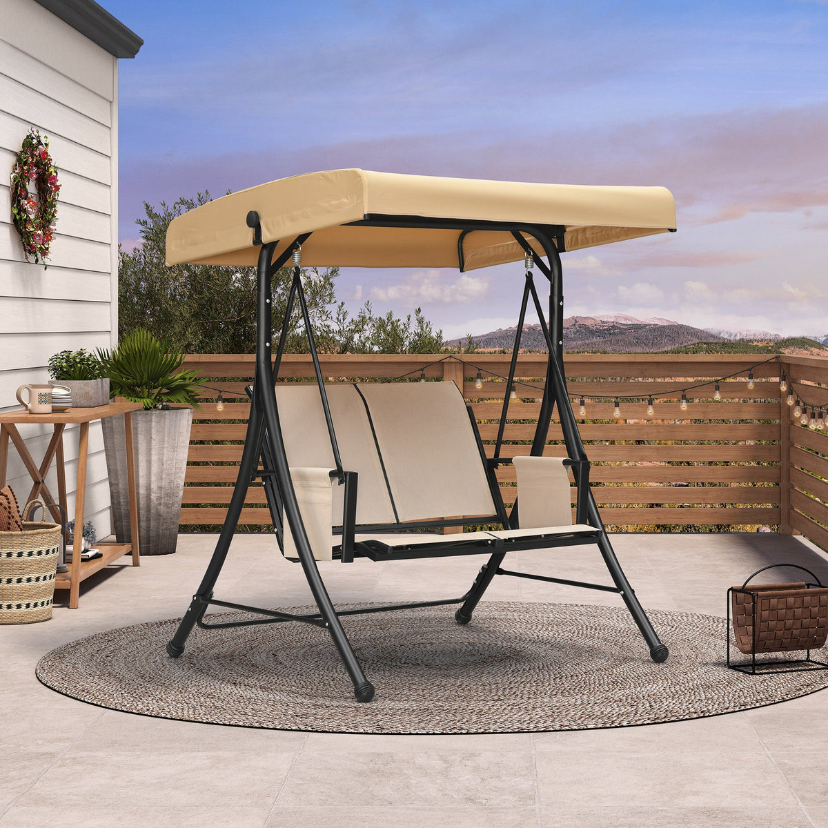 PURPLE LEAF Porch Swing with Adjustable Tilt Canopy Patio Swing with Stand and Meatl Steel Frame All-Weather Outdoor Swing Chair Seat Space-Saving for Backyard Garden Deck