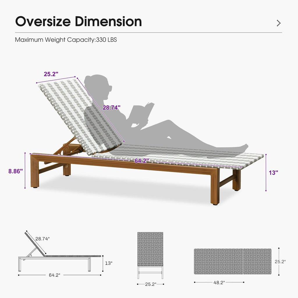 PURPLE LEAF Outdoor Teak Chaise Lounge Chair, Wood Grain Aluminum Outdoor Pool Lounge Chairs with Adjustable Backrest, Breathable Recliner for Patio, Poolside, Garden