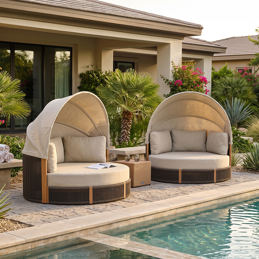 PURPLE LEAF Outdoor Round Daybed Chaise Lounge with Adjustable Canopy for Patio, Olefin fabric cover, thickened seat and back cushion, adjustable canopy, all weather aluminum frame, elegant wicker design